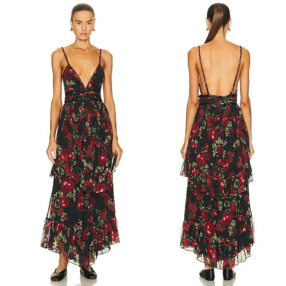 Rococo Sand Tiered Maxi Dress, Black Red Roses, Size XS New w/Tag $478 SOLD OUT - Image 2