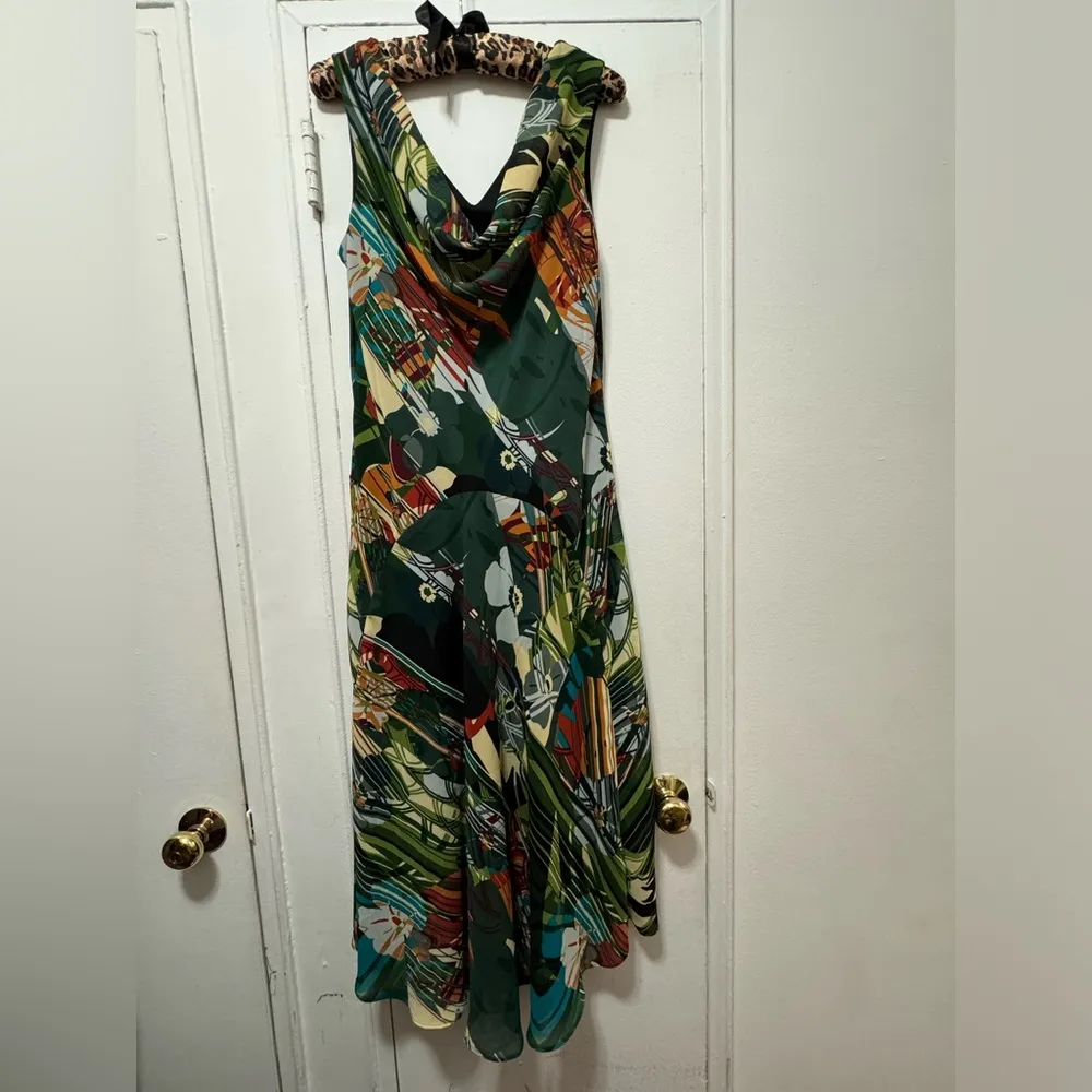 Vintage 90s Signature By Robbie Bee Petite Green Multi Printed Chiffon Dress 12 - Image 2