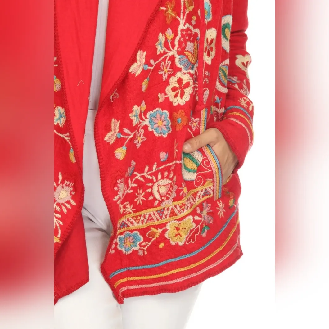 Johnny Was Jemima Hoodie in red with colorful floral embroidery Size S - Image 4