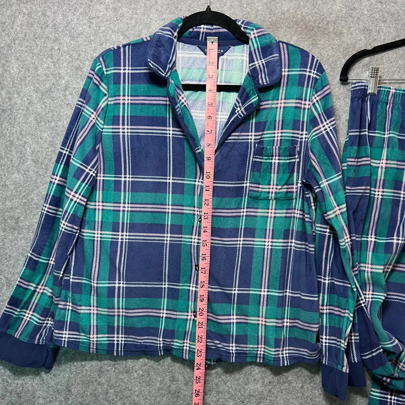 Nautica Plaid Pajama Set Top Pants Sleepwear Women's Medium Blue Green‎ Fleece - Image 9