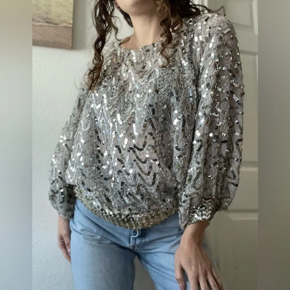Vintage 70s Sequin Beaded‎ Gold Silver Butterfly Sleeve Blouse Top Size Medium - Image 13