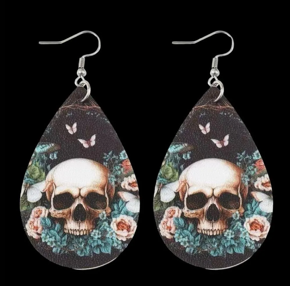 Colorful Skull Flower Pattern Teardrop Dangle Halloween Earrings Faux Fashion Je - Image 7