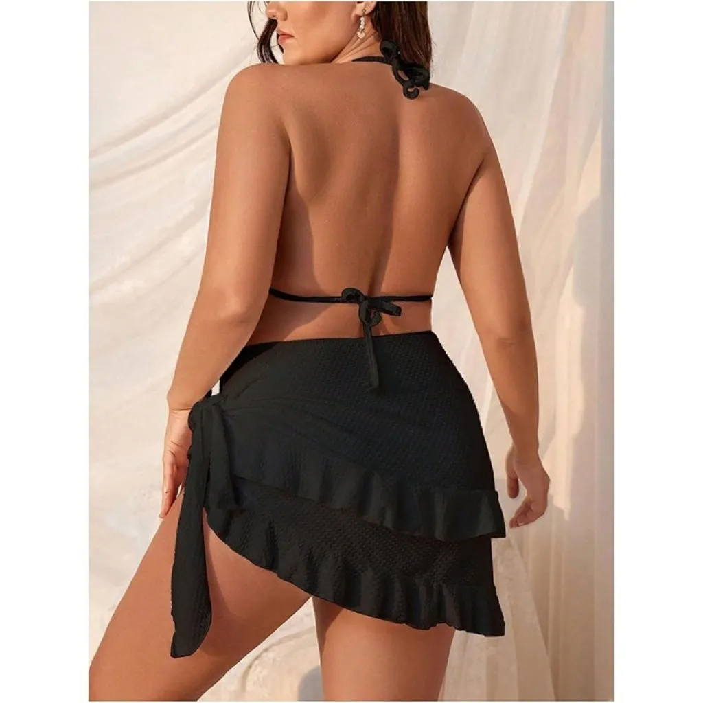 Black 3 Piece Plus Size 1XL Lettuce Trim Bikini Halter Triangle Swimsuit w/ Wrap - Image 2