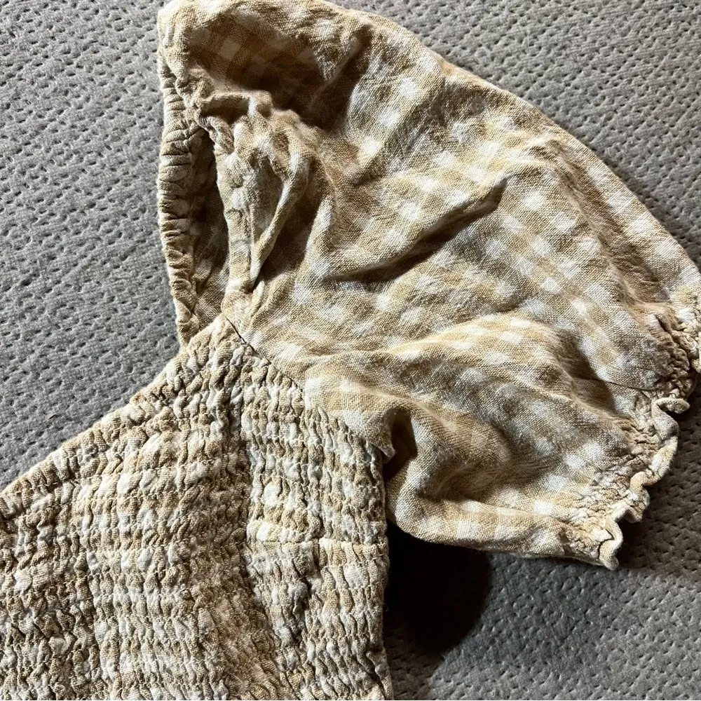 Beige & White Gingham Puff Sleeve Ruched Linen Blend Blouse - Image 2