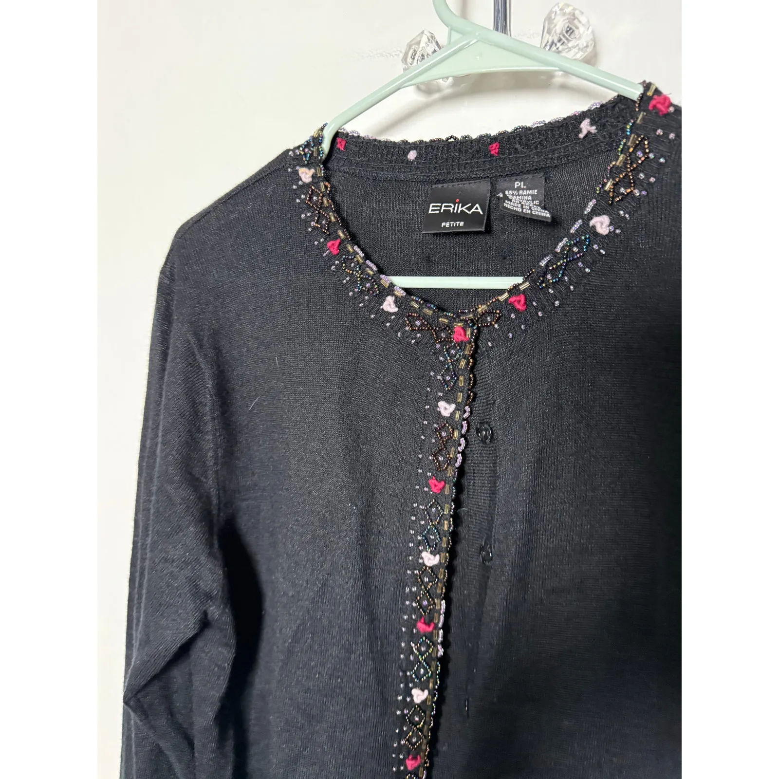 Vintage Erika Black Beaded Floral Coquette Girly Frilly Cardigan Sweater PL - Image 3