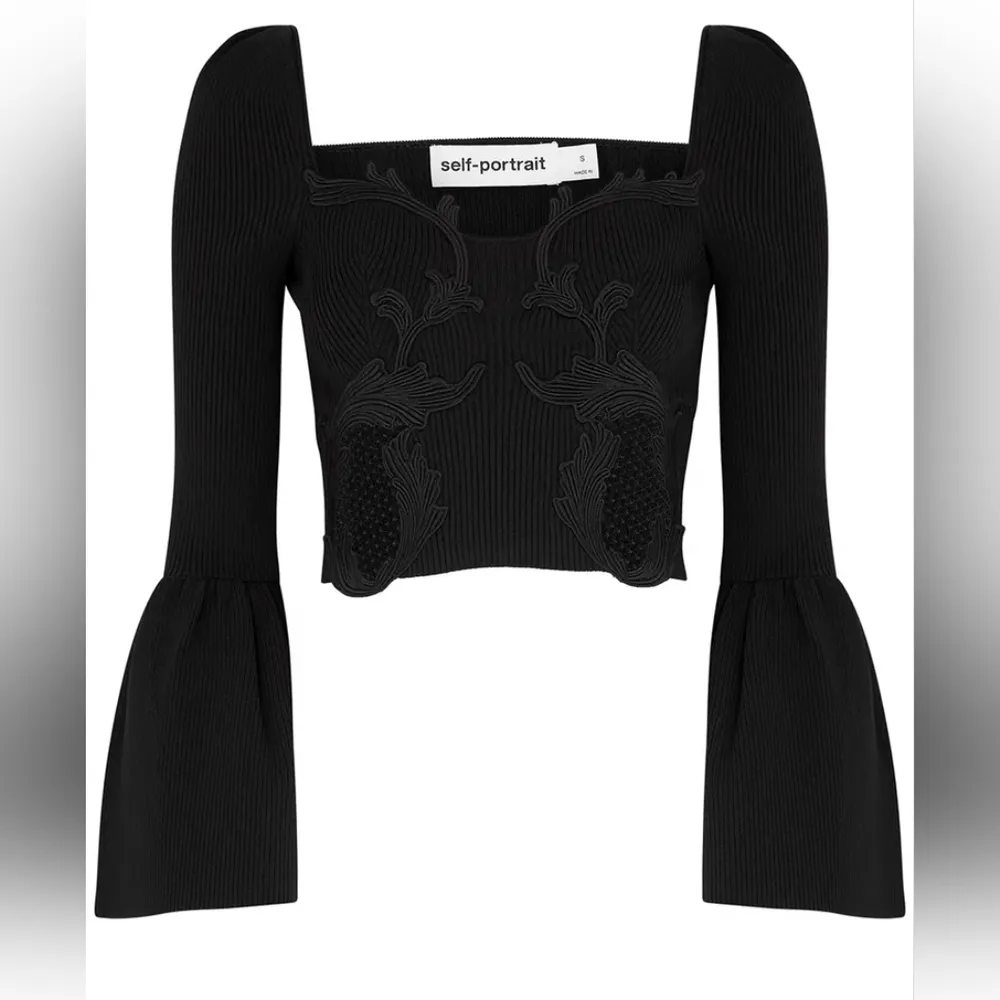 SELF-PORTRAIT Lace Ribbed Stretch-Knit Sweatheart Neckline Cropped Top sz S NWOT - Image 3