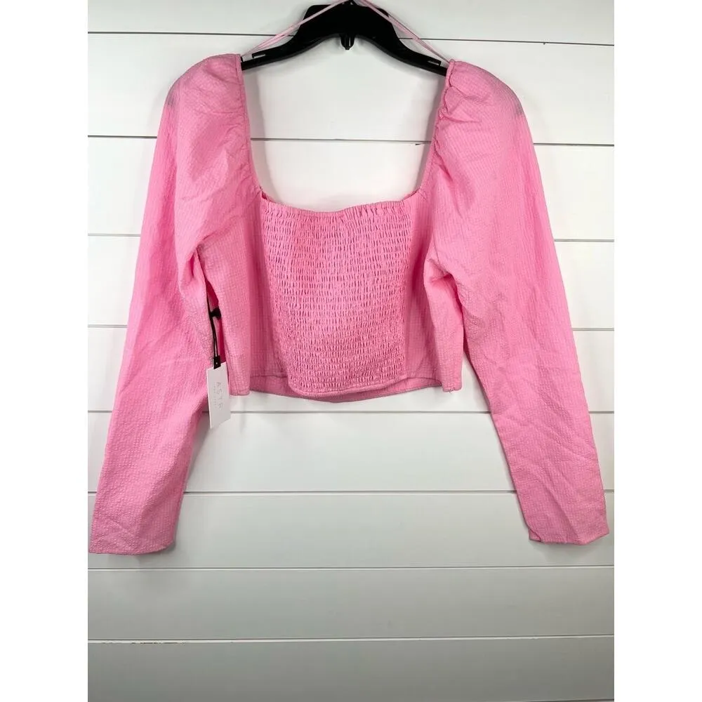 ASTR The Label Pink Long Sleeve Square Neck Crop Top Size Large Smocked Back - Image 3