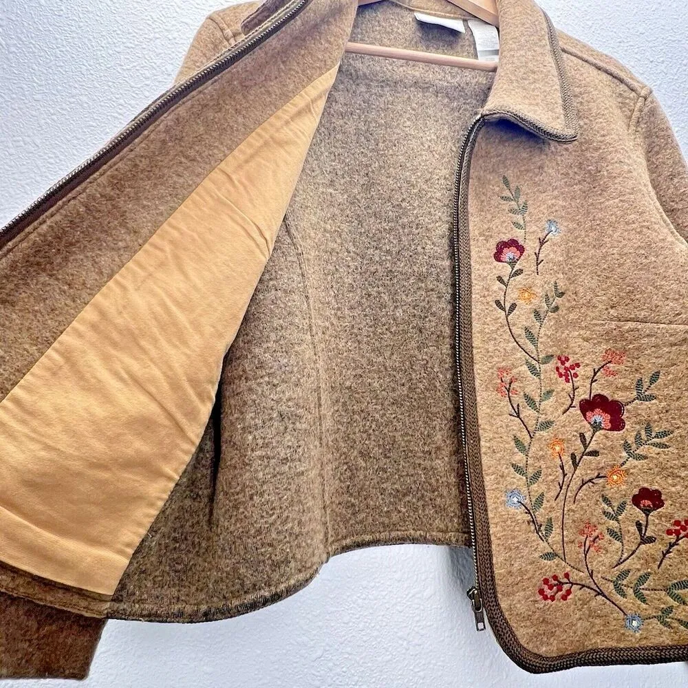 Wool Liz Claiborne western country brown Blazer cozy Jacket zip  flower  L. - Image 10