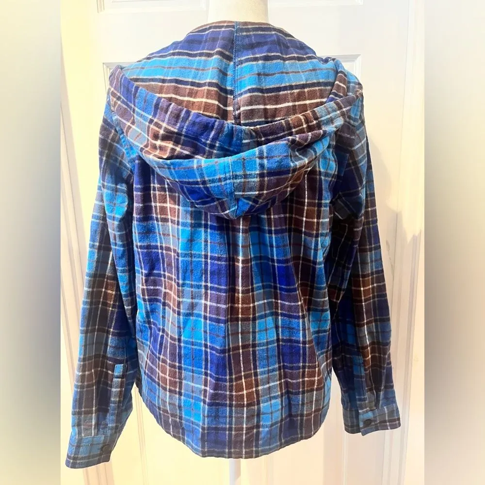 L.L.Bean blue flannel zip up jacket with hoodie Size XS Blue and Brown - Image 6