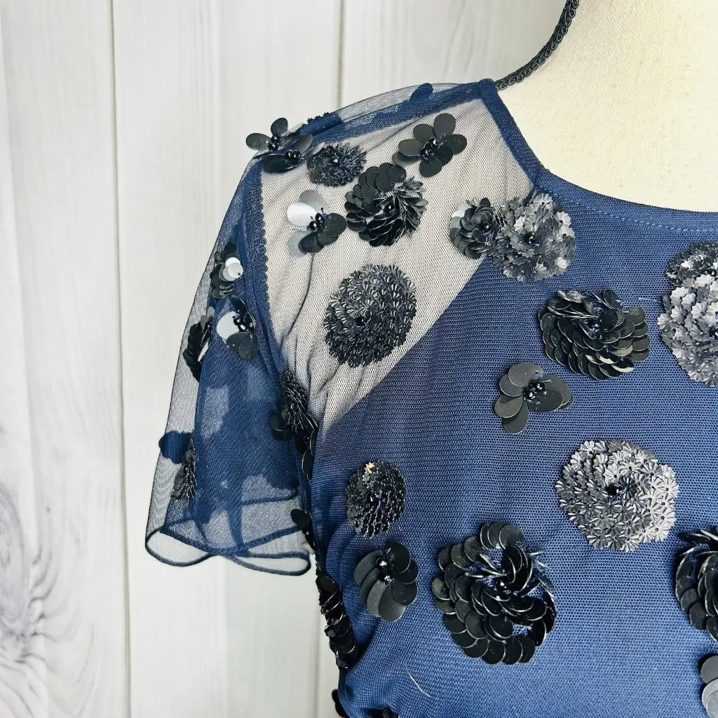 Gianni Bini A-Line Flare Dress Navy Sequin Mesh Tulle Open Back Sz 6 - Image 5