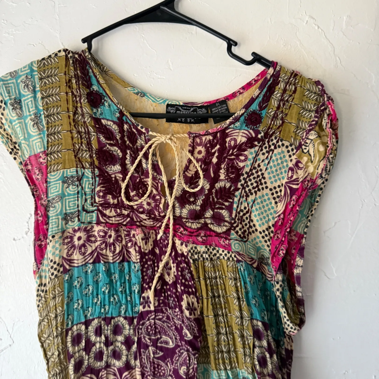 Magazine Y2k Patchwork‎ Bohemian Top Multicolor Blouse Tie Neck Medium Festival - Image 2