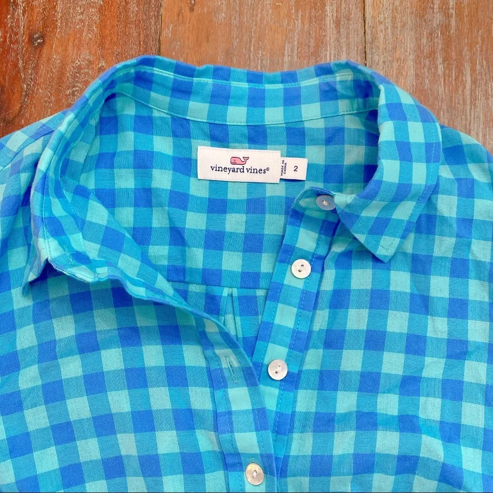 Vineyard Vines  Collared Blue Checked Blouse Size 2 - Image 4