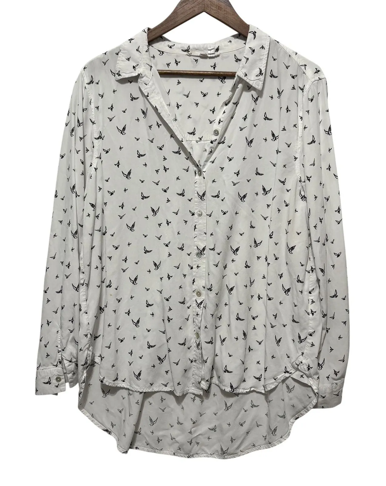 Jane + Delancey Women Button Top Blouse XL Whimsical All Over Bird Print Rayon White - Image 1
