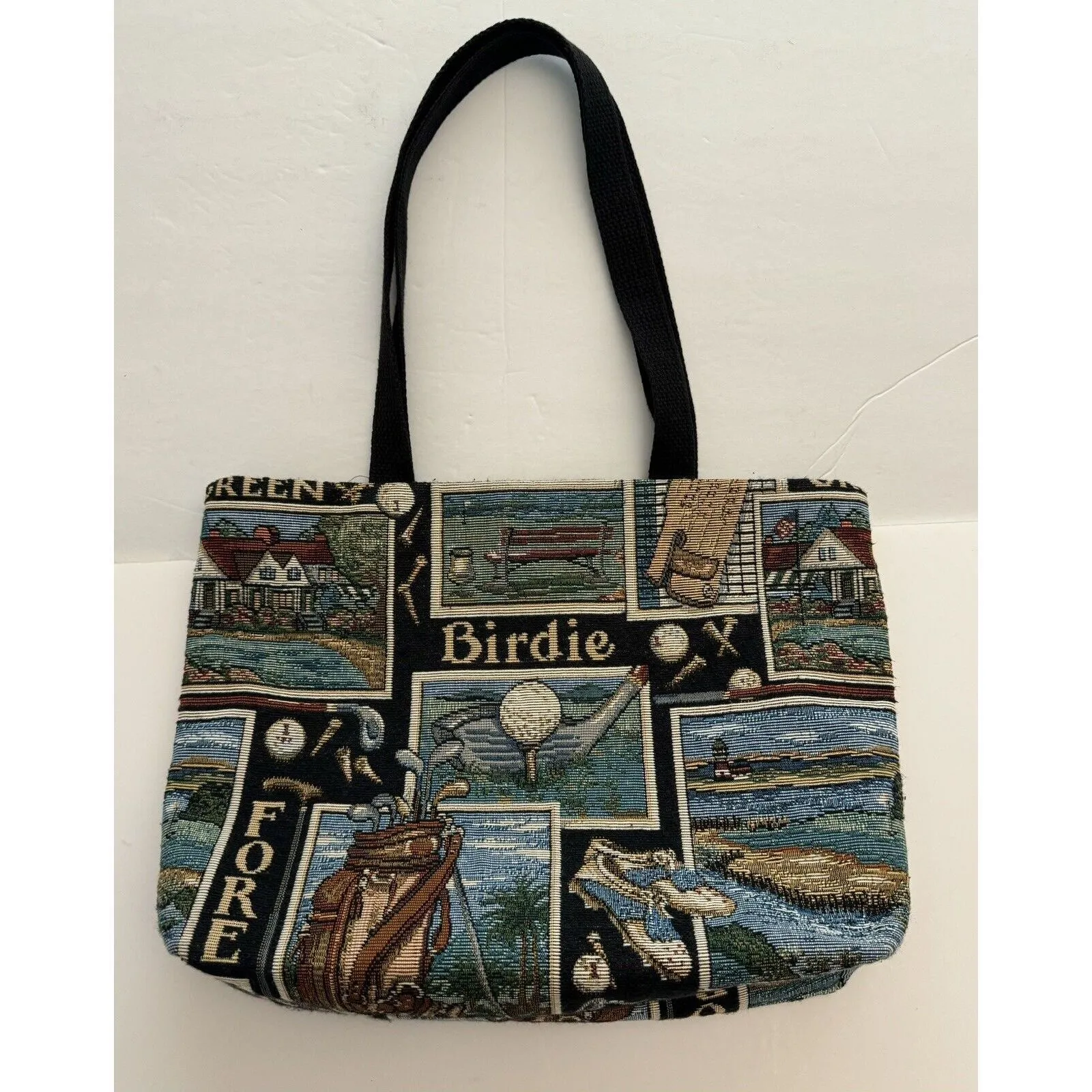 Vintage‎ kitschy Golf Tapestry Tote Bag Leather Handles Embroidered Woven Art Black - Image 2