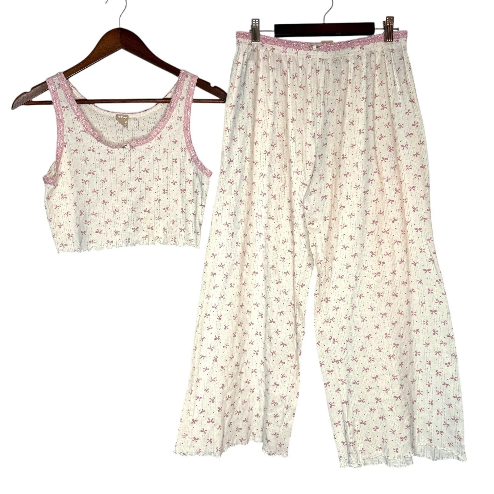 Messy Bun Just Chillin M Pajama Set Bows Cropped Coquette Dainty Girly - Image 1
