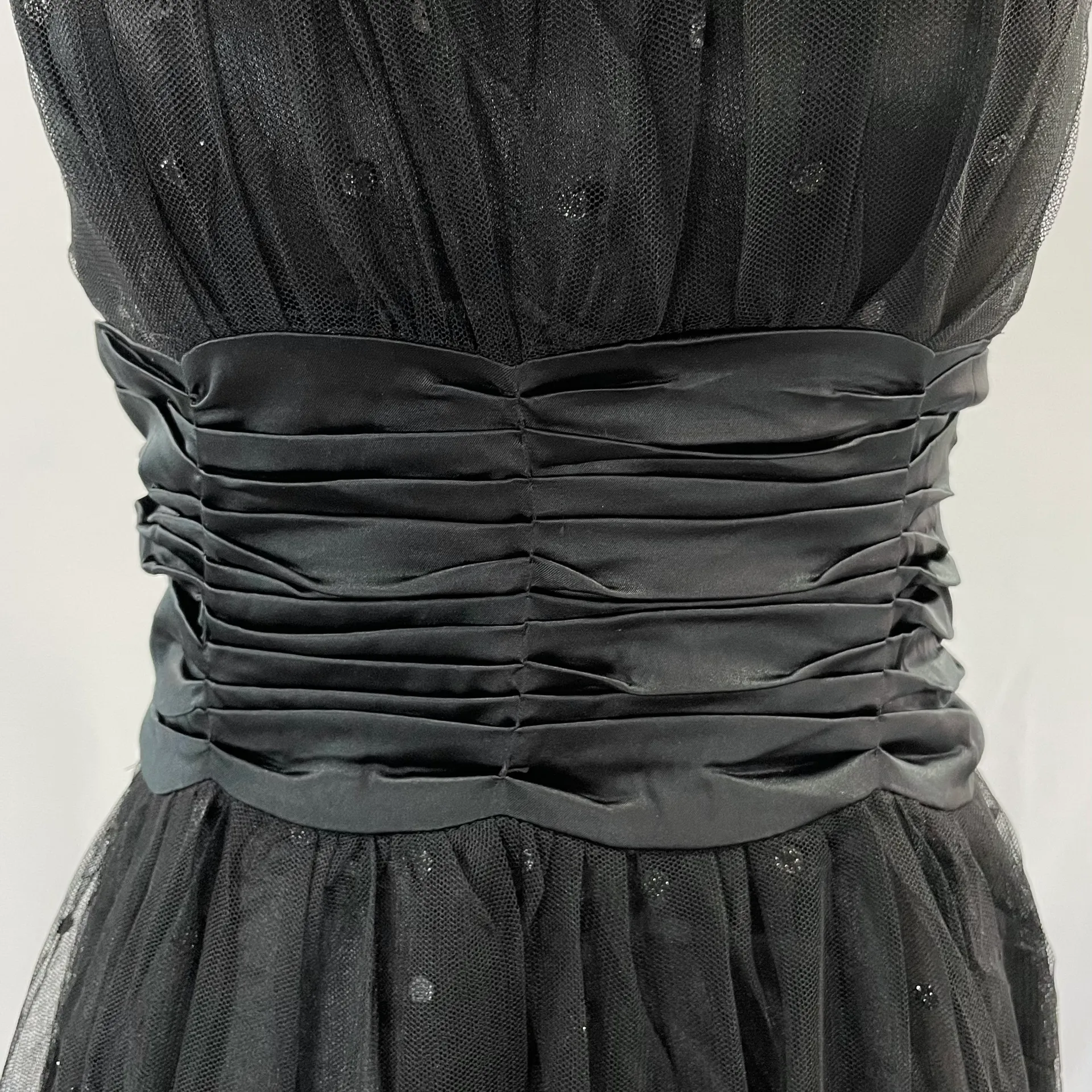 New  Glitter Polka Dot Tulle Satin Ruched Waist Dress Black - Image 5
