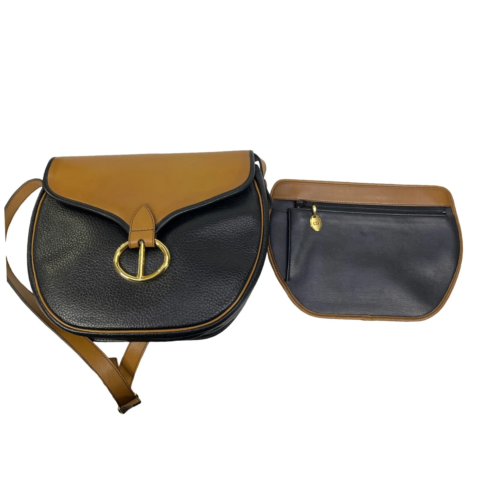 Vintage Christian Dior Black Tan Leather Crossbody Saddle Bag Snap Pouch - Image 13