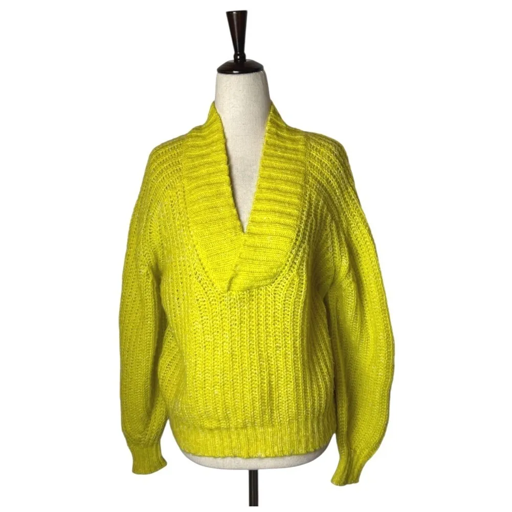 Anthropologie Sweater Women Small Yellow Neon Honore Ribbed Wool Blend Preppy - Image 2
