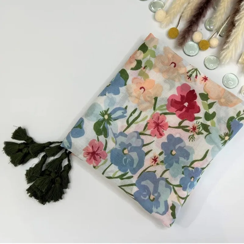 NEW Boho Exotic Floral Design Tasseled Rectangle Soft Chic Scarf L Cream White - Image 13