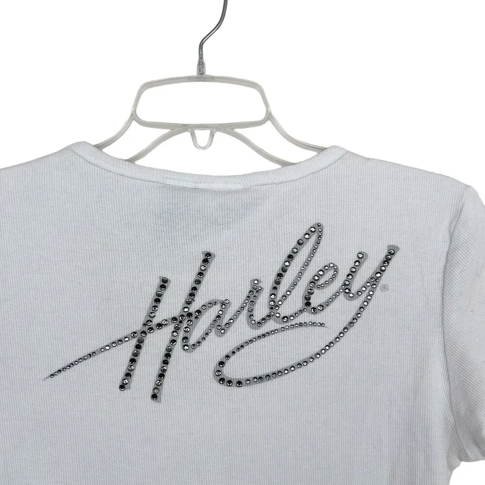 Harley Davidson White Ribbed Henley T Shirt Sz L Size L - Image 6