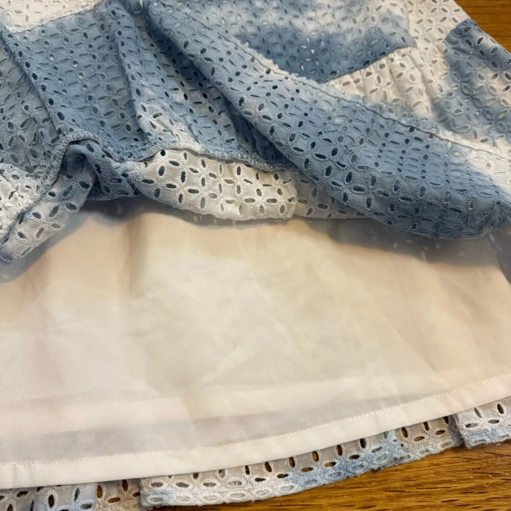 Catherine Malandrino Women’s 6 White Blue Tie Dye Cotton Eyelet Drop Waist Dress - Image 8