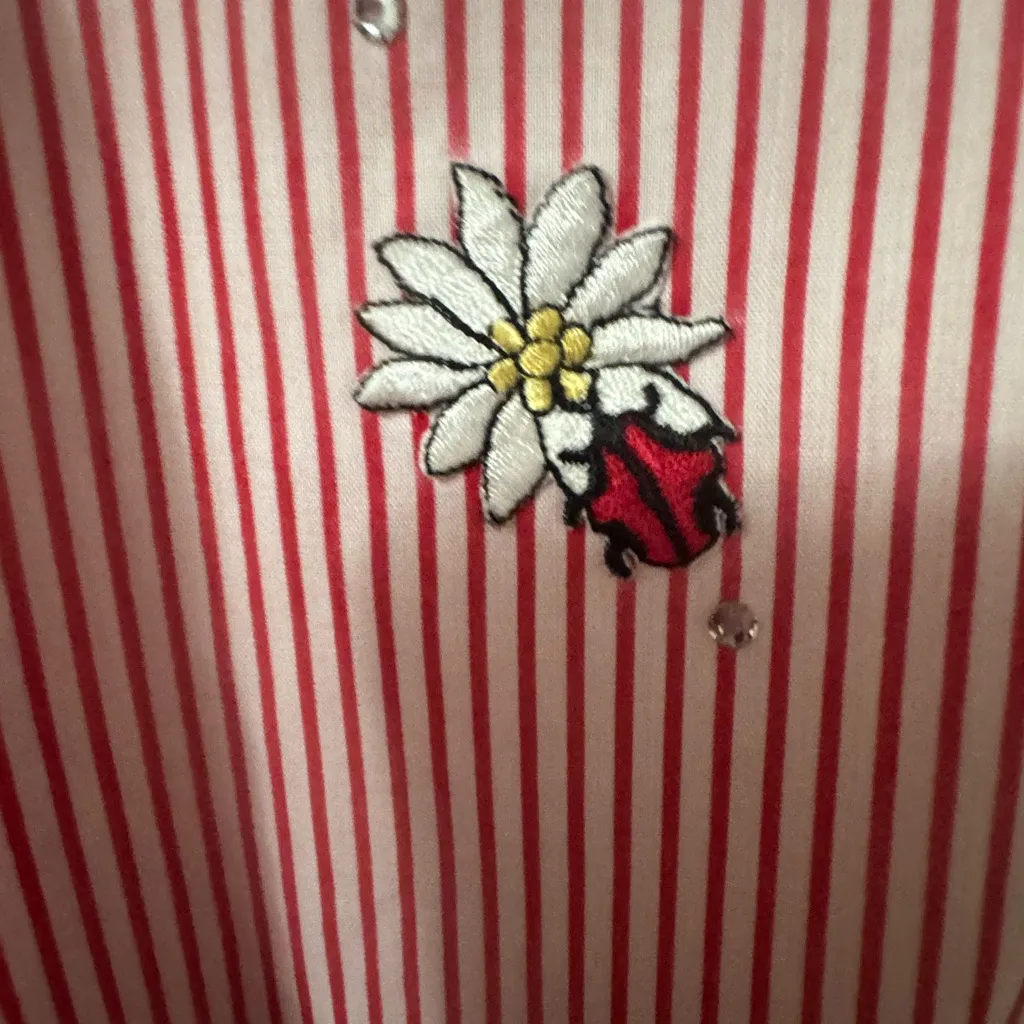 Cracker Barrel Pink Striped Button Down Shirt with Ladybug Design. NWOT Red Size XL - Image 3