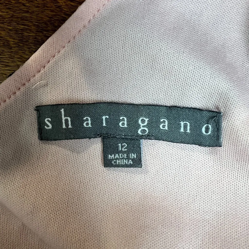 Sharagano Maxi Dress 12 Black Pink Lace‎ Lined V-Neck Sheath Sleeveless Slit Zip - Image 14