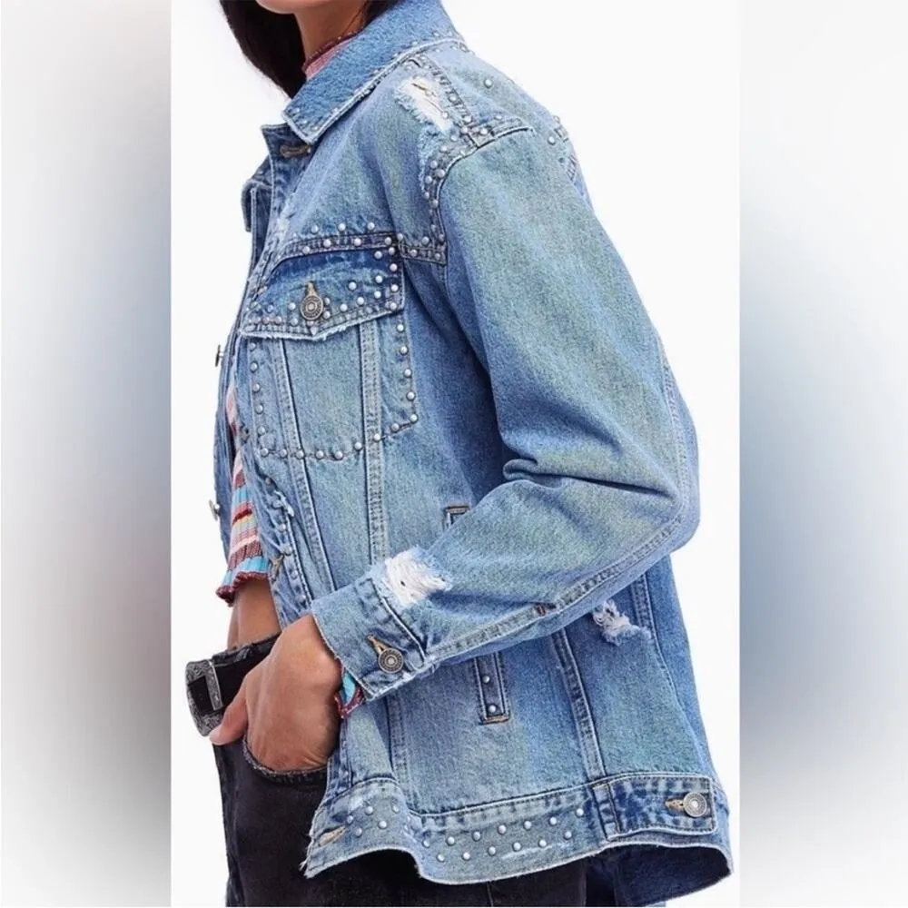 Oversized Studded Distressed Denim Trucker Jacket Size S - Image 2