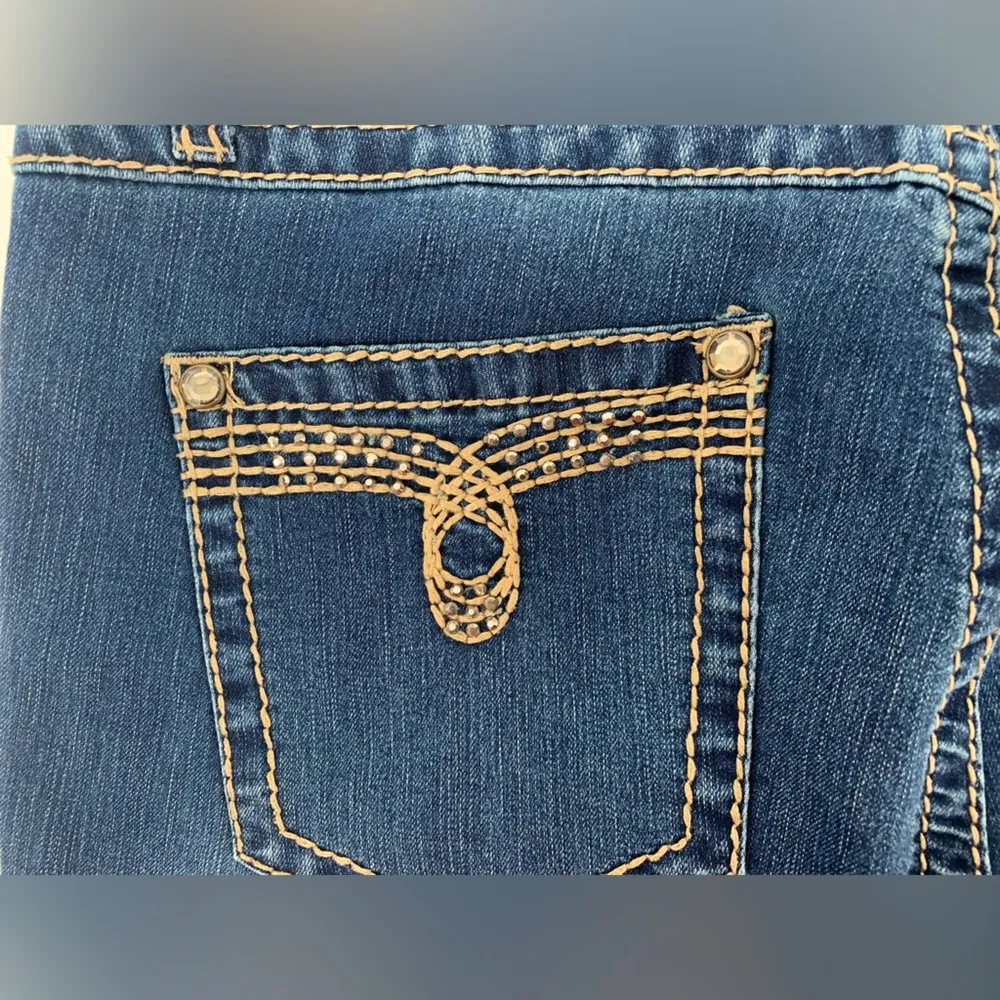 Cache Bellbottom Rhinestone Denim Jeans Size 12 - Image 5