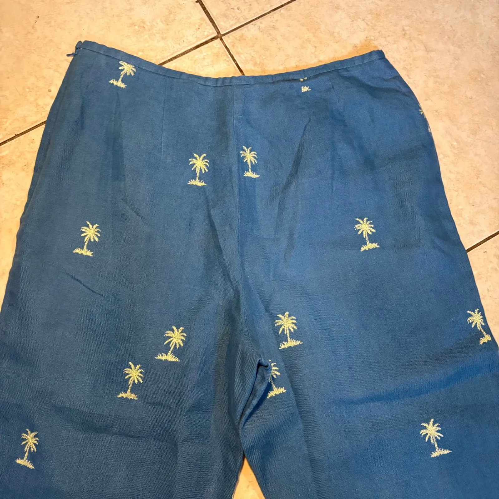 VTG Talbots Irish Linen Pant Size 14 Tropical Embroidered Palm Trees Cropped - Image 7