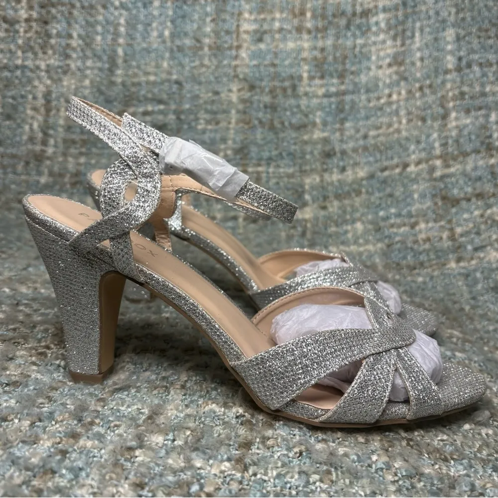 Paradox London Kitty Glitter High Heel Ankle Strap Sandal in Silver Size 10 - Image 6