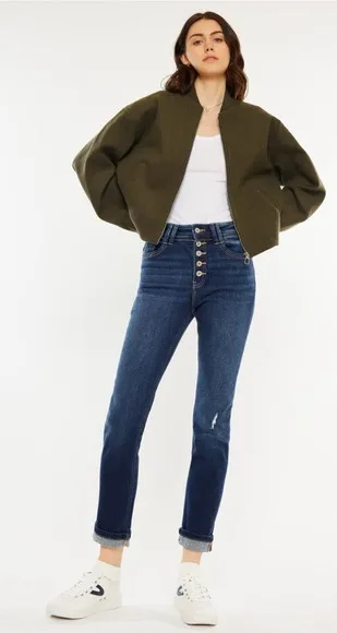 Kancan Reese High Rise Slim Straight 15/31 Dark Distressed Washed Button… Blue - Image 1