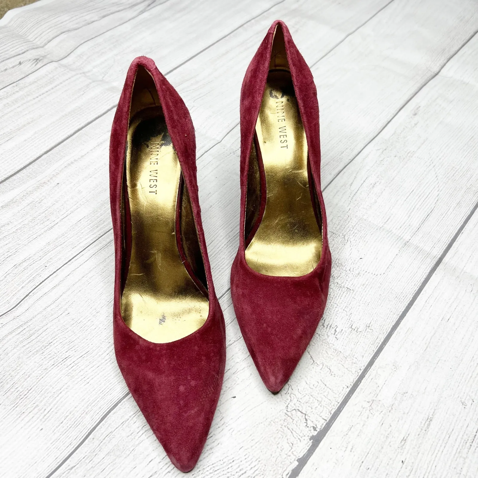 Nine West Genuine Leather Suede Maroon Velvet Red Pumps Heels Pointed Toe Sz 7M - Image 2