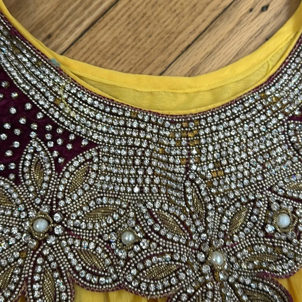 Yellow Chiffon Indian Anarkali Dress Red Velvet Trim Beaded M Size M - Image 3