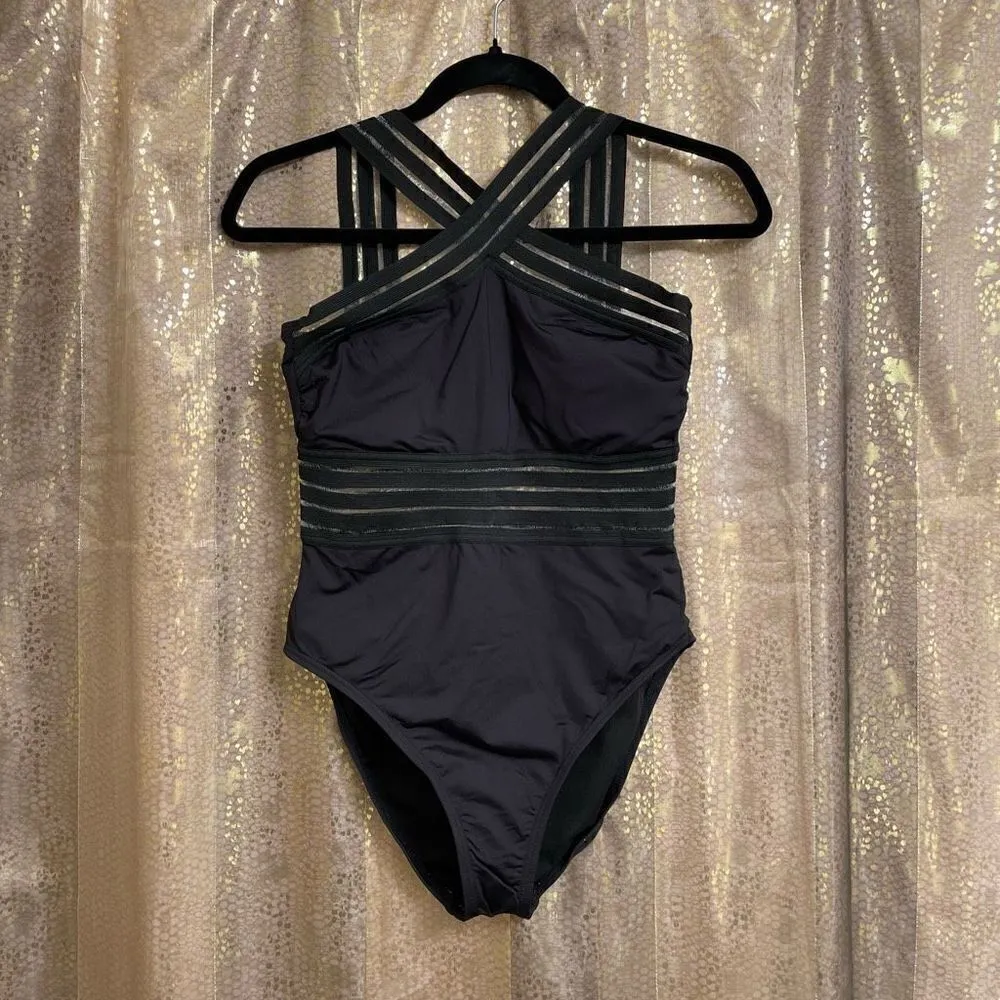 Kenneth Cole Black One Piece Cross Neck Illusion Striped One Piece Swimsuit, M - Image 2