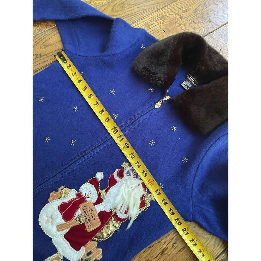 Lisa International Women’s M Blue Boiled Wool Zip Jacket w/ Santa Ugly Sweater Size M - Image 5
