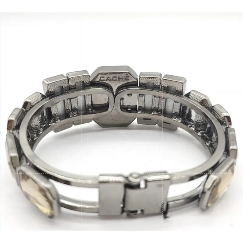 Cache Red Light Brown Rhinestone Hinged Bracelet Silver Tone Statement Cuff M-L - Image 3