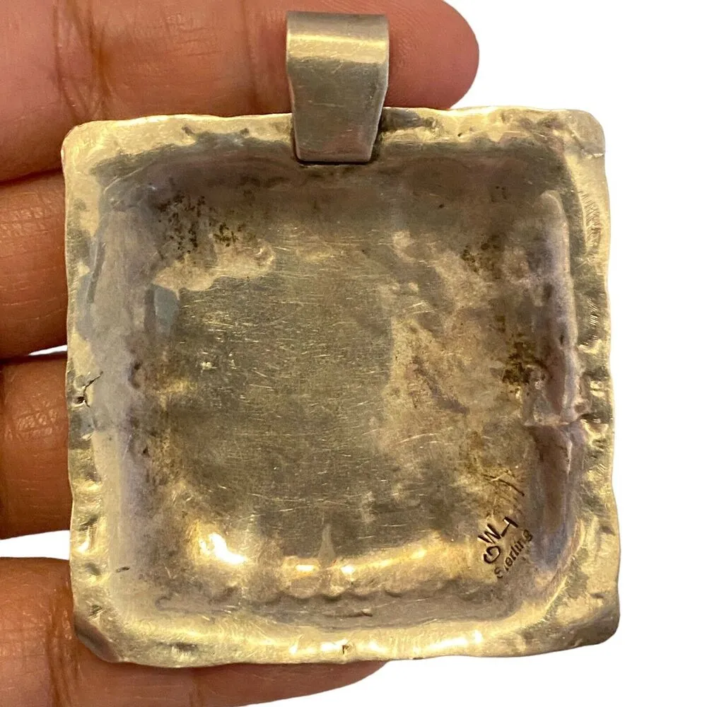Signed GWT Sterling Silver Navajo Vintage Beaded Square Pendant Southwestern - Image 4