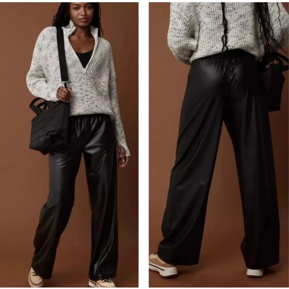 OFFLINE Aerie Real Luxe Faux Leather Wide Leg Pants Black Vegan Womens M New NWT - Image 2
