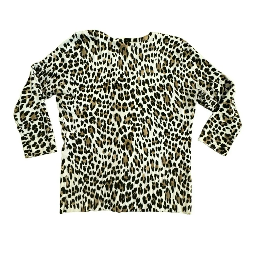White House Black Market Leopard Cardigan Sweater Medium Women Animal 3/4 Sleeve - Image 5