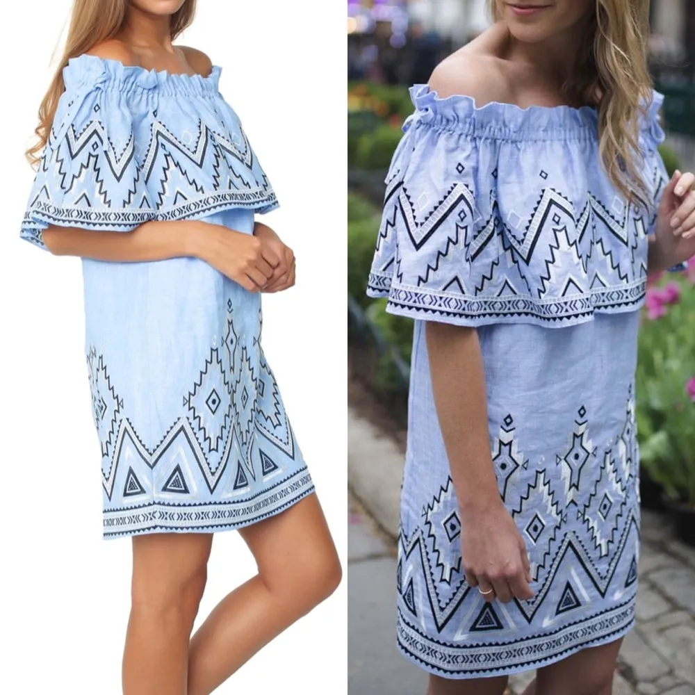 Parker Susie Linen Off The Shoulder Ruffle Embroidered Dress: Periwinkle Blue - Image 7