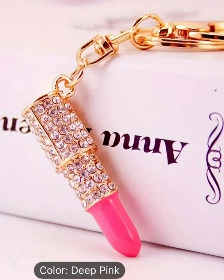Pink Rhinestone Lipstick Purse Charm Keychain – Gold Bling Bag Accessory – NWT - Image 2
