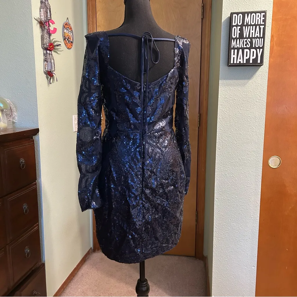 NWOT navy blue sequined long sleeve cocktail bodycon mini dress size 10 - Image 3