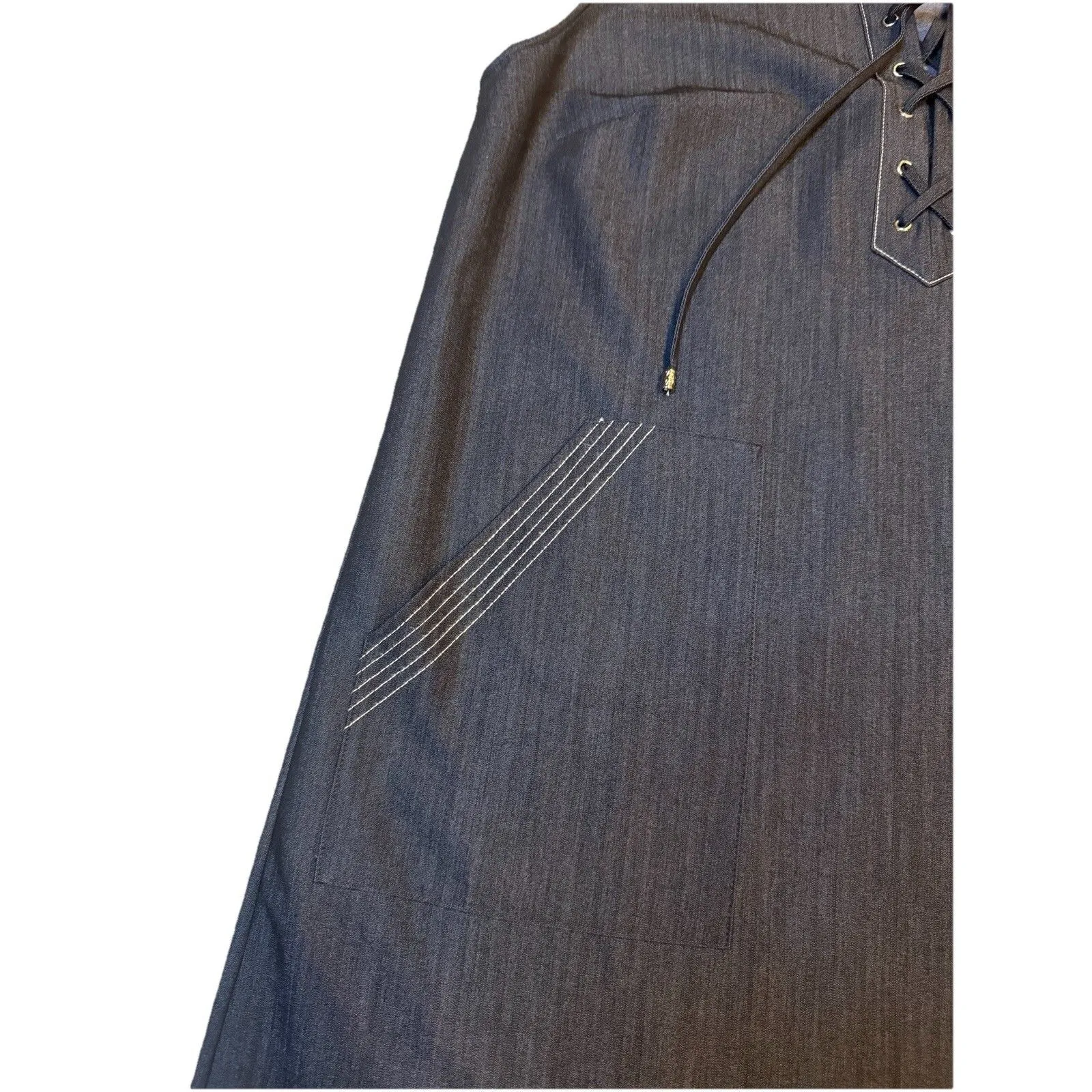 Ivanka Trump Womens Denim Collared Embroidered Lace Up Sheath Dress Sz 14 Petite - Image 3