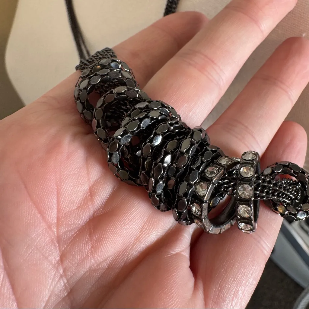 Whimsigoth Grey Multi Chain Long Necklace Ring Pendants Rhinestone Gray - Image 2