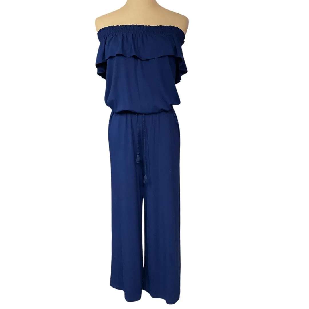 RALPH‎ LAUREN Blue Ruffle Off Shoulder Jersey Crop Wide Leg Jumpsuit Size S - Image 2