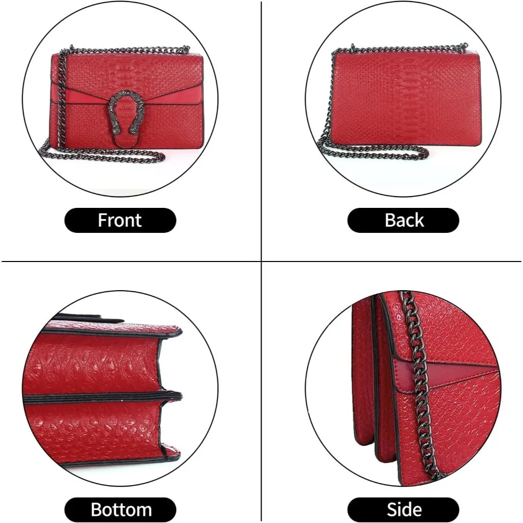 ⚡ Women's Red Black Leather Vintage Snake Print Crossbody Square Satchel Handbag - Image 5