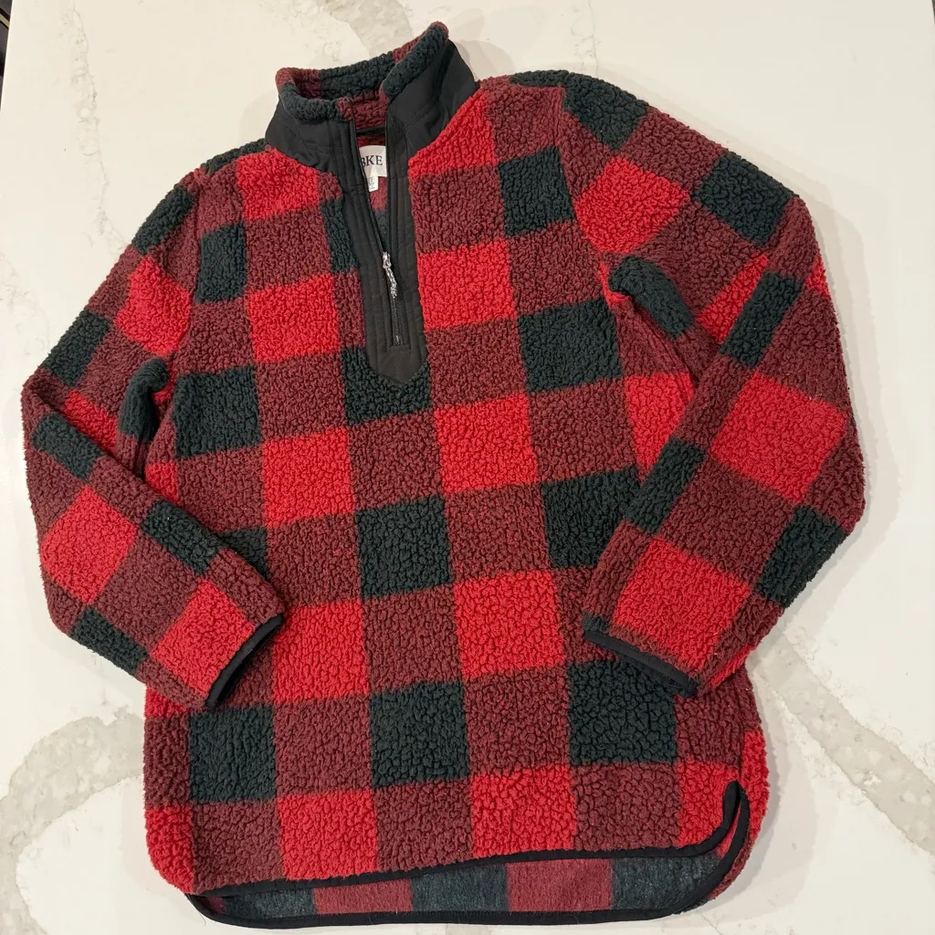 BKE Buffalo Plaid Check Half Zip Pullover Sherpa Sweater Women’s Small Red/Black - Image 2