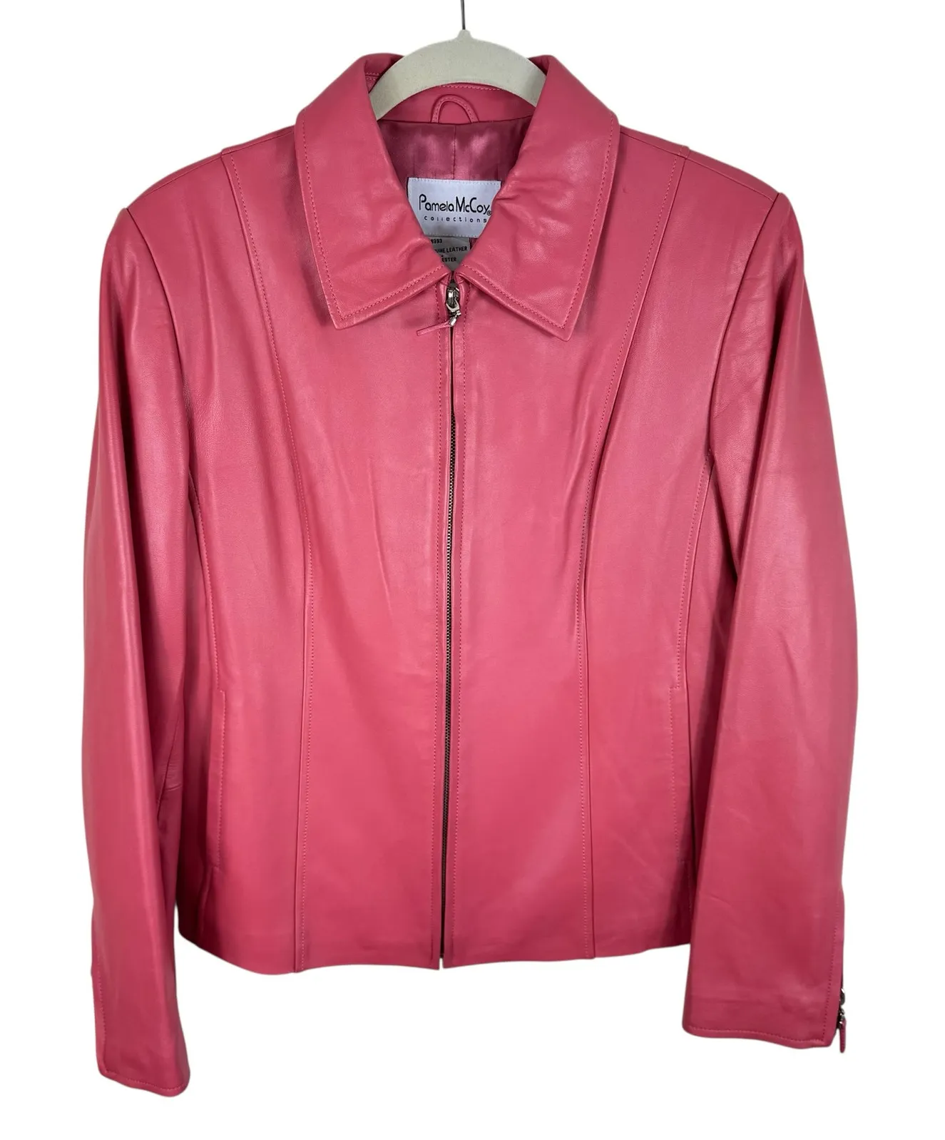 Pamela McCoy 100% Genuine Leather Pink Full Zip Collared Jacket Pockets Size M Size M - Image 1