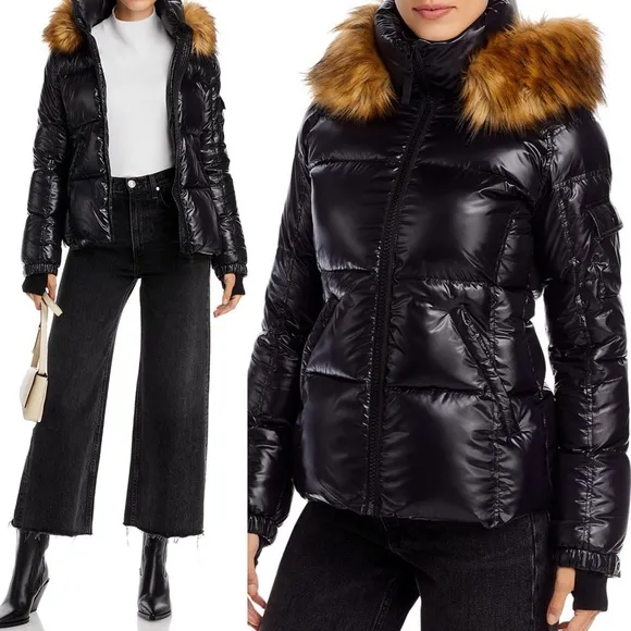 NWT Aqua Faux Fur Trim Gloss Puffer Jacket in Jet Black Size M New w/Tag $238 - Image 2